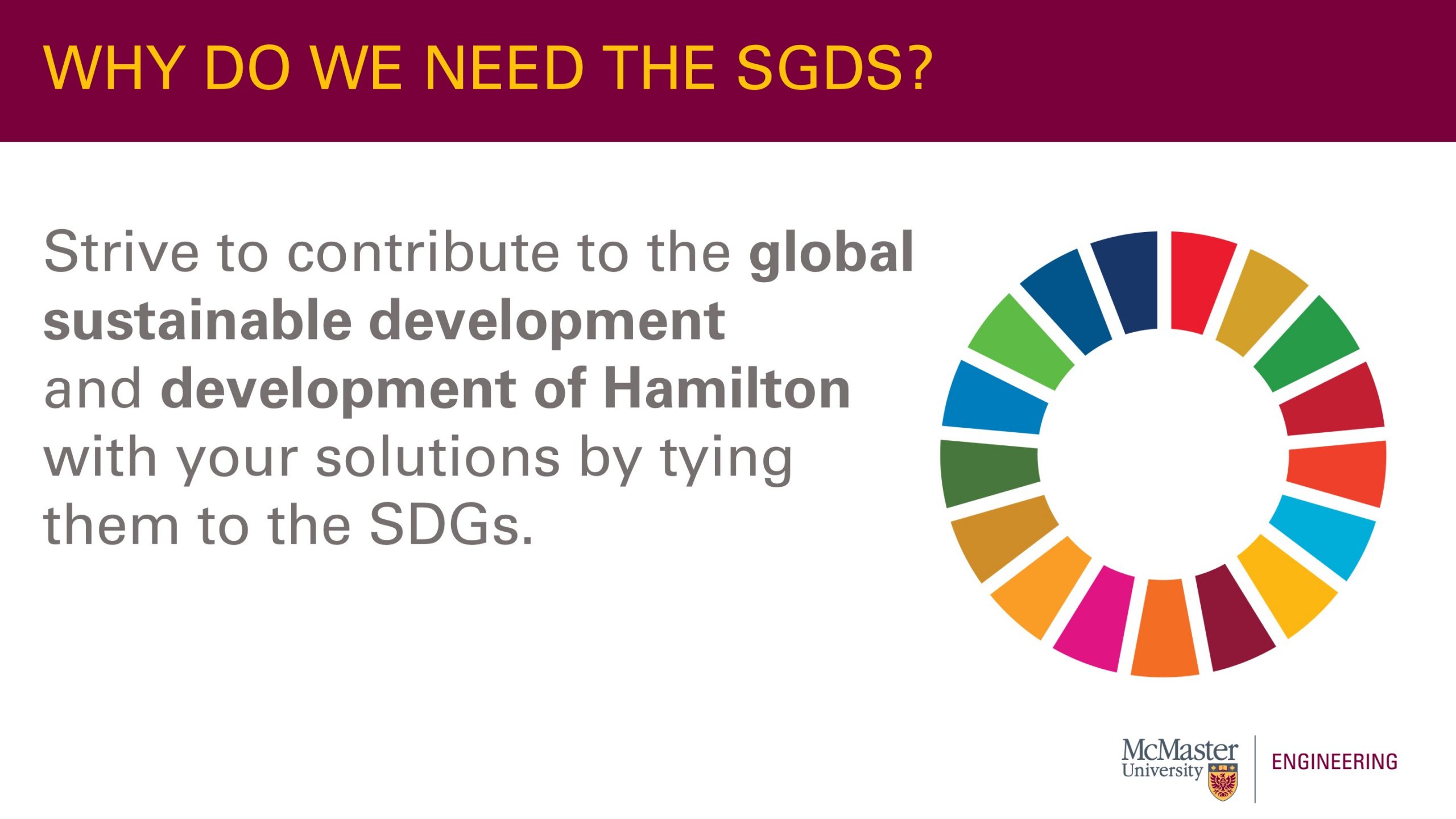 A circle that consists of different images that resemble the Sustainable Development Goals. In the middle of the circle, text that says “ Sustainable Development Goals” is evident. This slide has an image to the right that has a description. On the left it says the following: “McMaster conducts research that is directly tied to the SDGs. As MacChangers, we should be contributing to the global sustainable development and development of Hamilton with our solutions by tying them to the SDGs." 