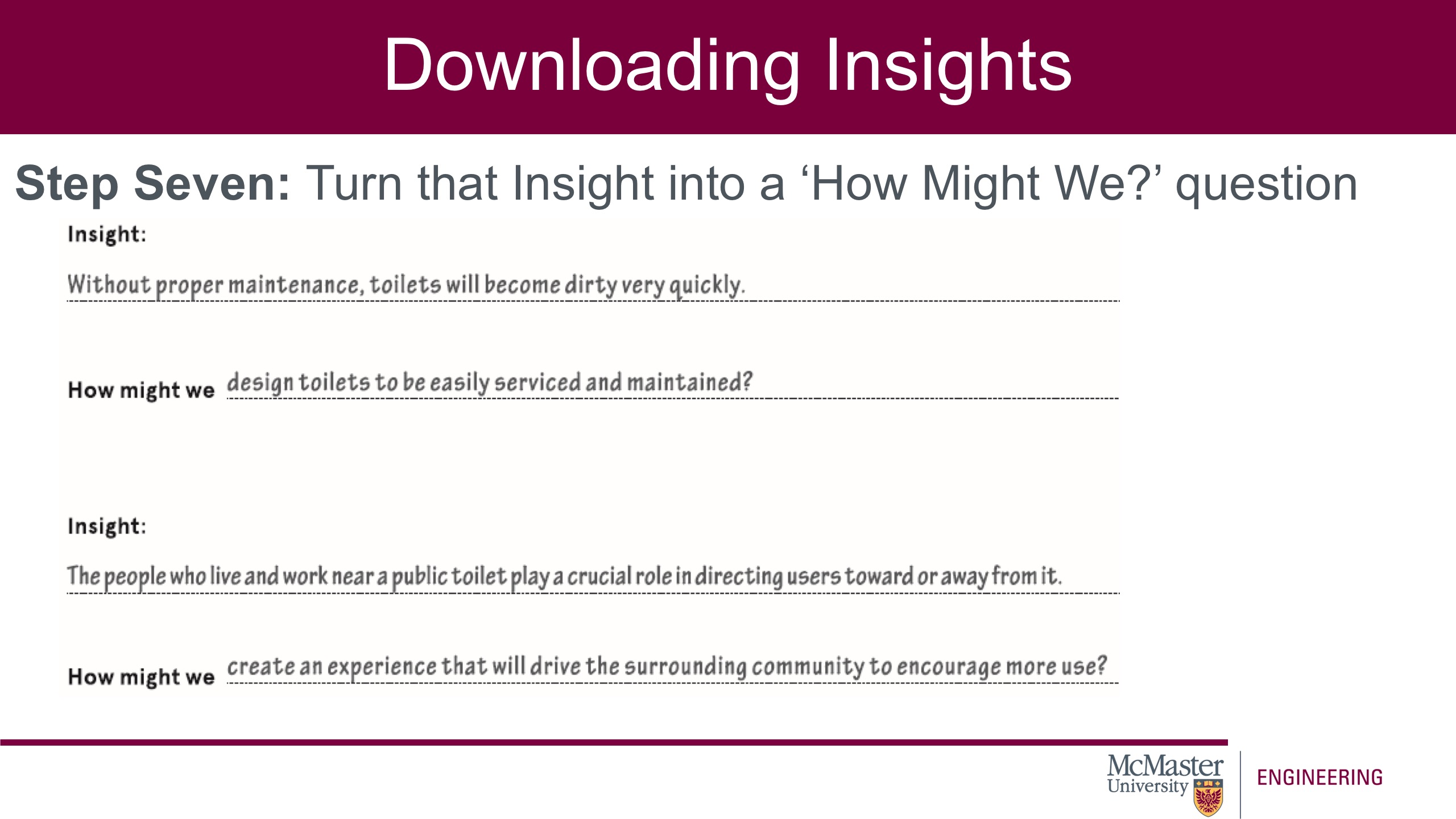 Image of a presentation slide. Title: Downloading Insights. Sub-title: "Step-seven: Turn that Insight into a How Might We? question". The body of the slide says: "Insight: Without proper maintenance, toilets will become dirty very quickly. How Might We: design toilets to be easily serviced and maintained?" 