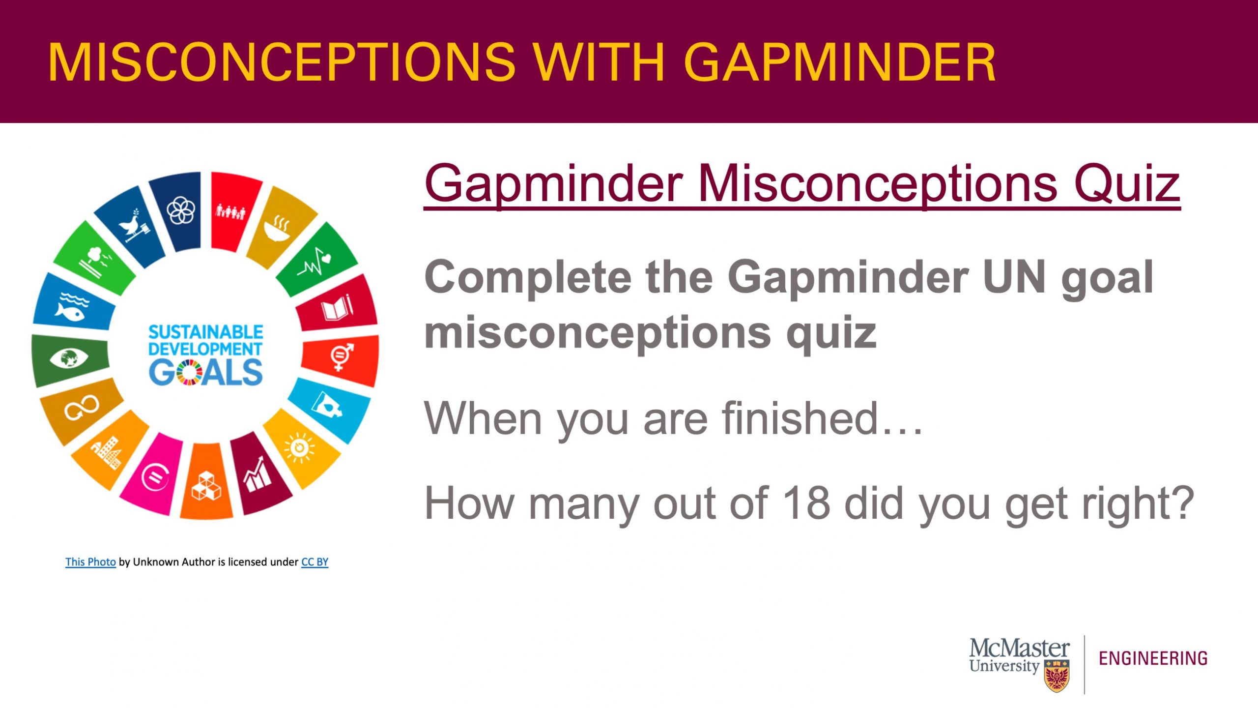 A circle that consists of different images that resemble the Sustainable Development Goals. In the middle of the circle, text that says “ Sustainable Development Goals” is evident. The slide has an image to the left that has a description. On the right it says the following: “Gapminder Misconceptions Quiz Complete the Gapminder UN goal misconceptions quiz When you are finished… How many out of 18 did you get right?” 