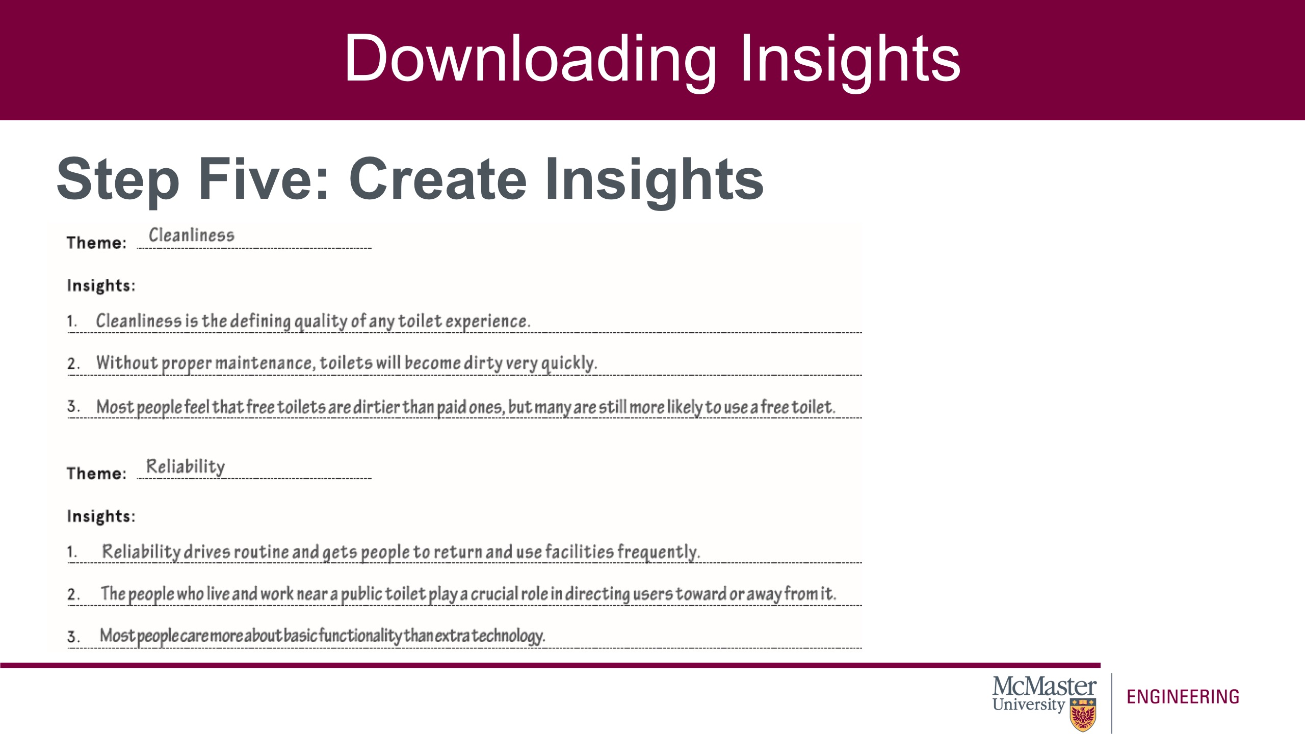 Image of a presentation slide. Title: Downloading Insights. Sub-title: "Step-five: Create Insights". The center of the slide includes a theme area, cleanliness. It then lists insights about cleanliness: 1) Cleanliness is the defining quality of any toilet experience. 2) Without proper maintenance, toilets become dirty very quickly. 3) Most people feel that free toilets are dirtier than paid ones, but many are still more likely to use a free toilet.