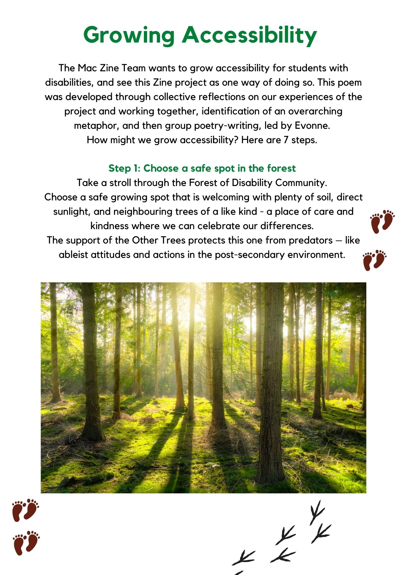 Image contains the introduction to the poem and step one of growing accessibility. Visual elements include cartoon human footprints and bird footprints, as well as a photograph of a forest with many trees and mossy undergrowth.