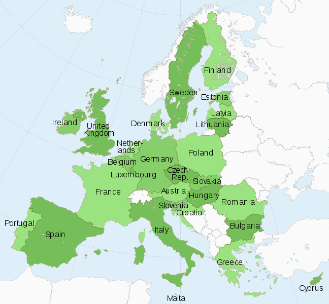 A map of Europe showing member states of the European Union in green