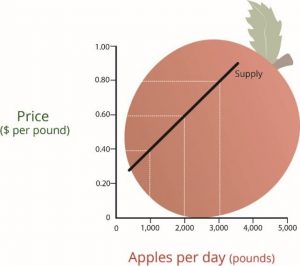 A graph with numbers 0-5000 on the X axis for pounds of apples per day and 0-1.0 for Price per pound on the Y axis. The demand curve shows a diagonal line moving higher from left to right.