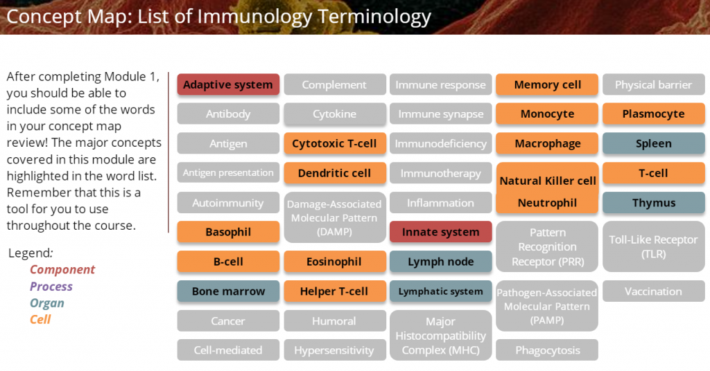 Screenshot showing a concept map of a list of immunology terminology.