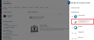 Screenshot of the course and institution tools menu, Accessibility Report tool highlighted.