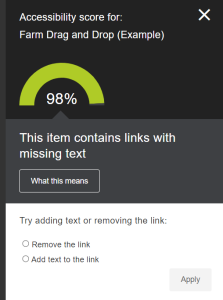 Screenshot of the accessibility score for an individual content item.