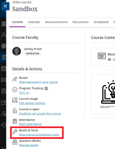 Screenshot of the left-hand menu in Blackboard Ultra highlighting where to find course and institution tools.