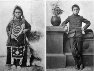 2 images of the same boy. one in traditional indigenous clothing, the other in a formal suit