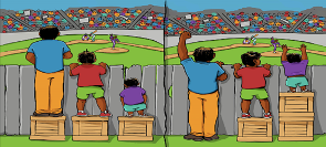 2 images of spectators watching baseball over a fence. spectators are tall, medium-sized, and short. first image has each spectator on the same size box, so that the shorter spectator cannot see. Second picture has shorter spectator on 2 boxes so they can see.