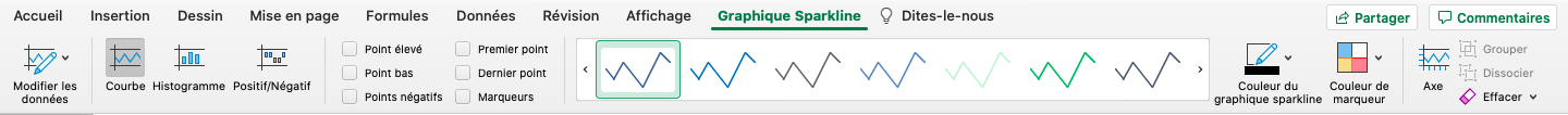 Capture d’écran du ruban d’Excel. L’onglet Graphique Sparkline est sélectionné. L’option courbe est sélectionnée. Différentes options de couleurs de lignes sont affichées, celle bleue est sélectionnée. Il est possible de changer la couleur du graphique sparkline ainsi que la couleur du marqueur.