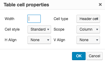 Table Cell Properties dialogue box showing how to set Cell Type as a Header Cell