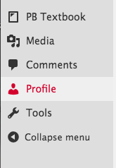 Pressbooks left navigation menu with Profile option highlighted