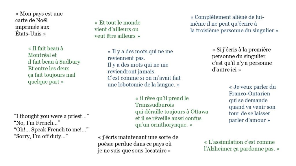 « Mon pays est une carte de Noël imprimée aux États-Unis » « Et tout le monde vient d'ailleurs ou veut être ailleurs » « Complètement aliéné de lui-même il ne peut qu'écrire à la troisième personne du singulier » « Il fait beau à Montréal et il fait beau à Sudbury Et entre les deux ça fait toujours mal quelque part » « Il y a des mots qui ne me reviennent pas. Il y a des mots qui ne me reviendront jamais. C'est comme si on m'avait fait une lobotomie de la langue. » « Si j'écris à la première personne du singulier c'est qu'il n'y a personne d'autre ici »