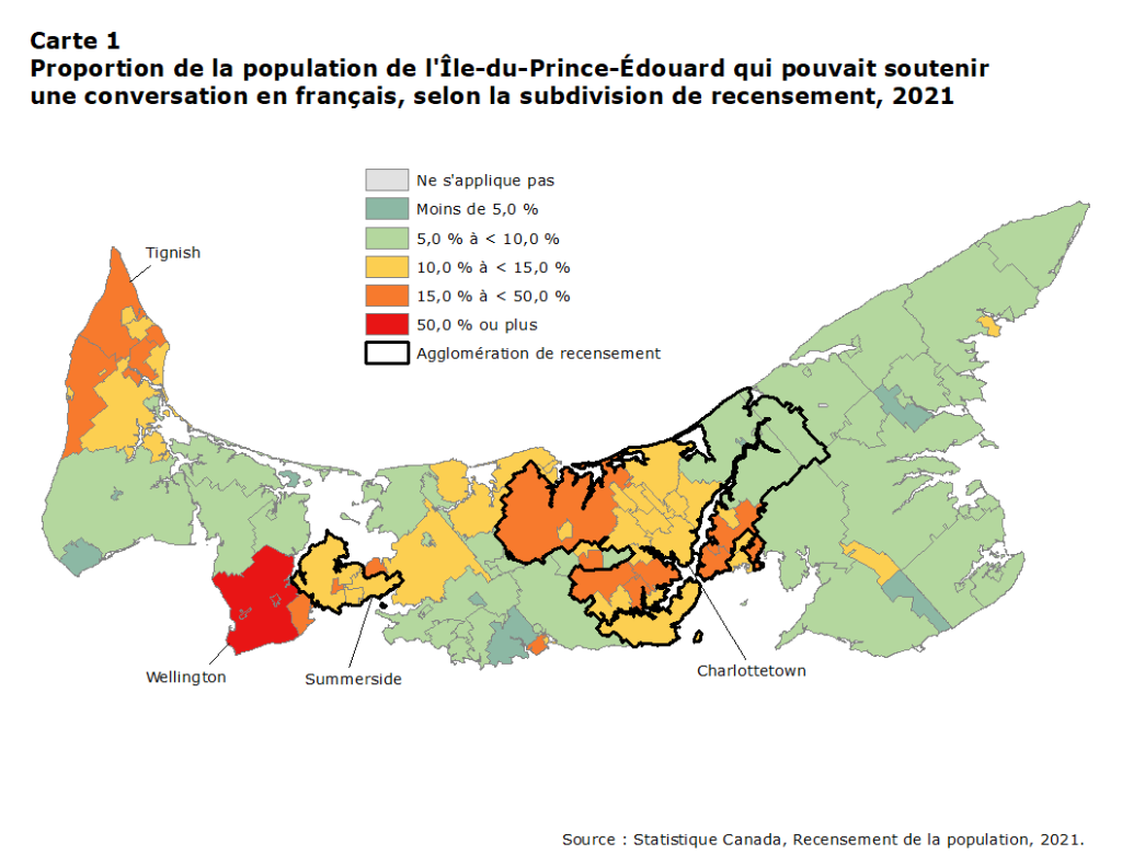 Une carte qui représente la proportion de la population de l'Île-du-Prince-Édouard qui pouvait soutenir une conversation en français, 2021