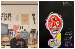 Two images: Photo on the left of the artist Jason Ferry in an art studio. On the right, an abstract and loose painting with vivid colours of a face with vivid geometric lines on it. Jason's name and several dates are painted onto the canvas.