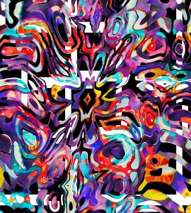 Digital abstract art featuring colourful and way cut-out shapes that include a large flower shape at the centre. A black background with a grid of white stripes is visible in the background.