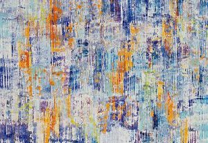 Abstract art in acrylic on canvas. Splotches of orange stand out against a background of brushstrokes of blue and white.