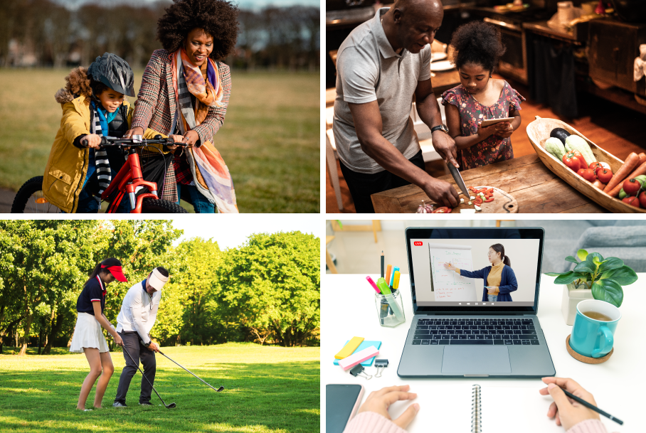 4 representations showing the notion of teaching and learning. Clockwise from top left they are mother teaching son to ride a bike, father showing daughter how to cook, golf instructor demonstrating how to hold club, instructor teaching online.