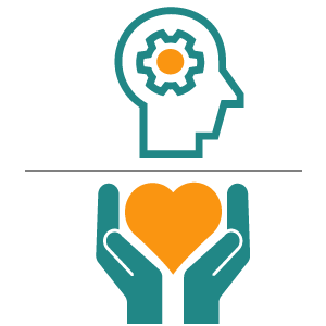 dimensions of significant learning icons: Learning how to learn (a gear inside of a head icon) and caring (hands holding a heart icon)