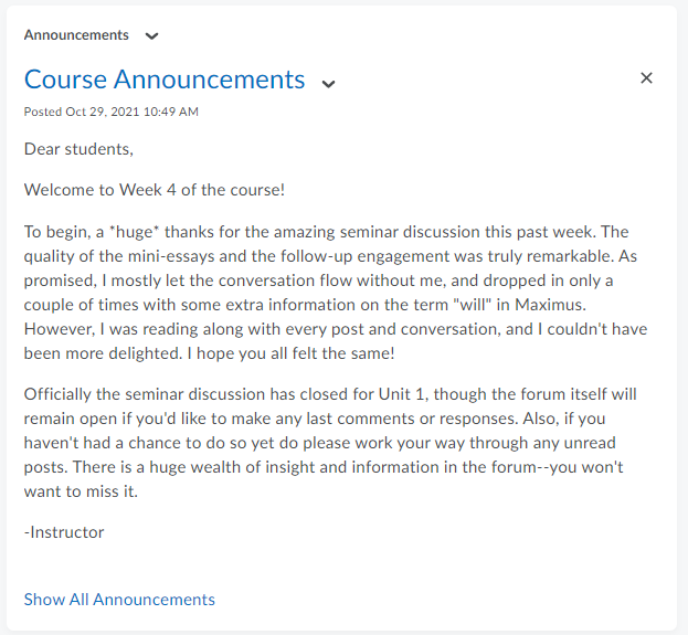 course announcement template from instructor to class