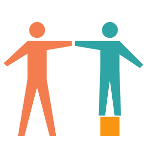 A drawing. Two people stand shoulder to shoulder holding each other's hand. One stands on a square riser so that they can be level with their partner even though they are not the same height.