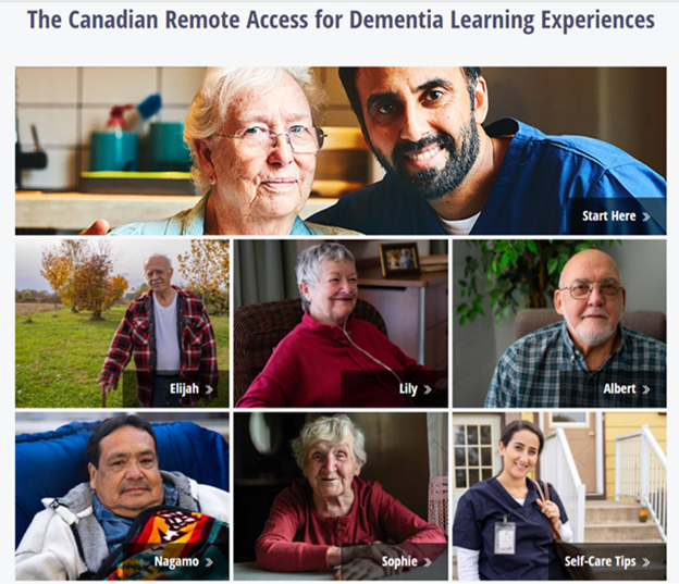 Photo collage of a diverse set of seniors, some with healthcare workers, smiling. Each panel includes the senior's name and indicates that by clicking you would be brought to more information for that person.