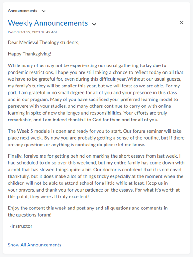 thanksgiving announcement from instructor to students