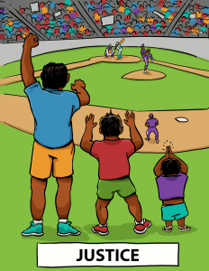 In the third panel, all the individuals can see the game as the fence has been removed so no crates are needed. The label on the panel says ‘Justice.’