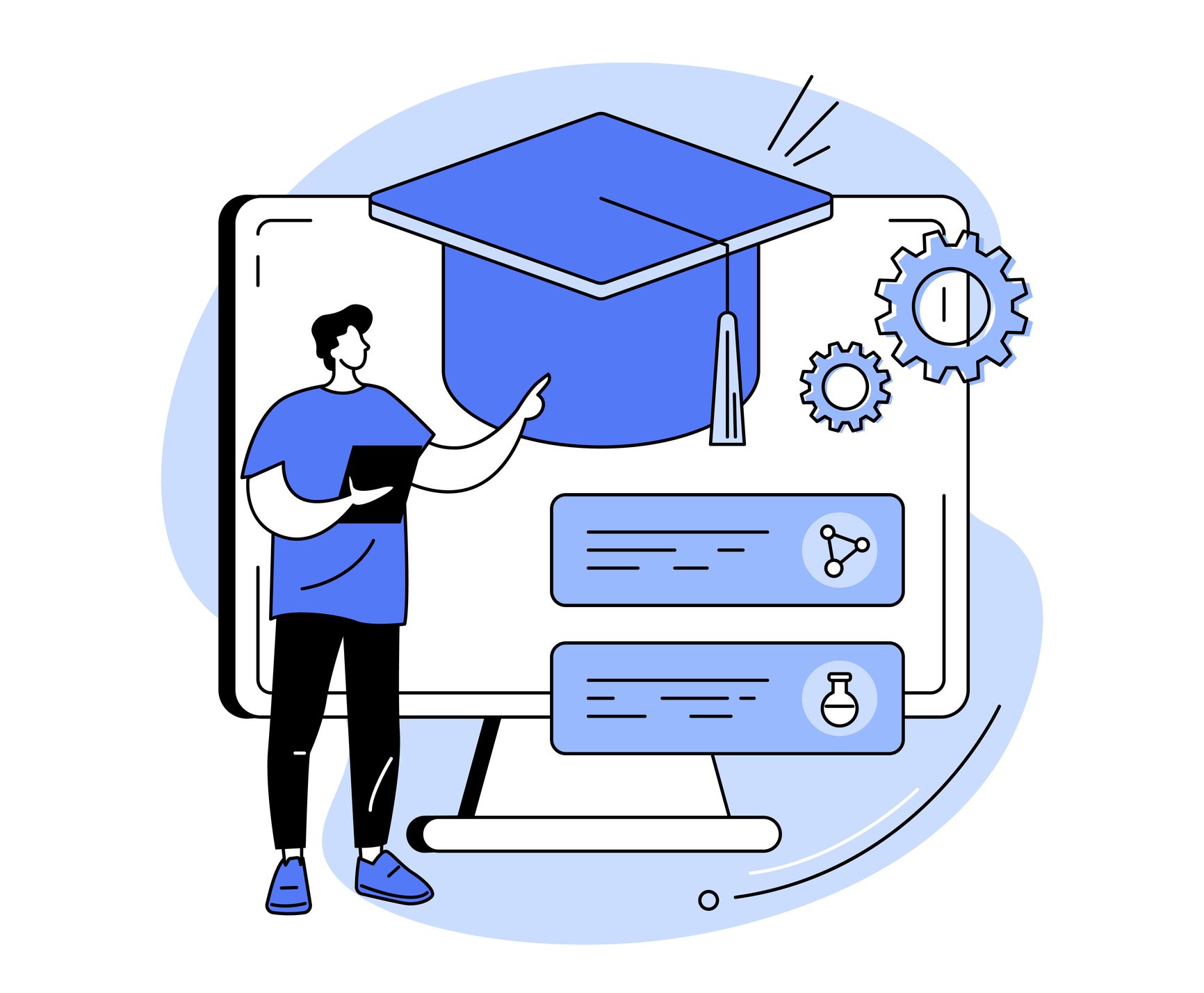 Individual standing infront of a screen with gears, a graduation hat and message icons
