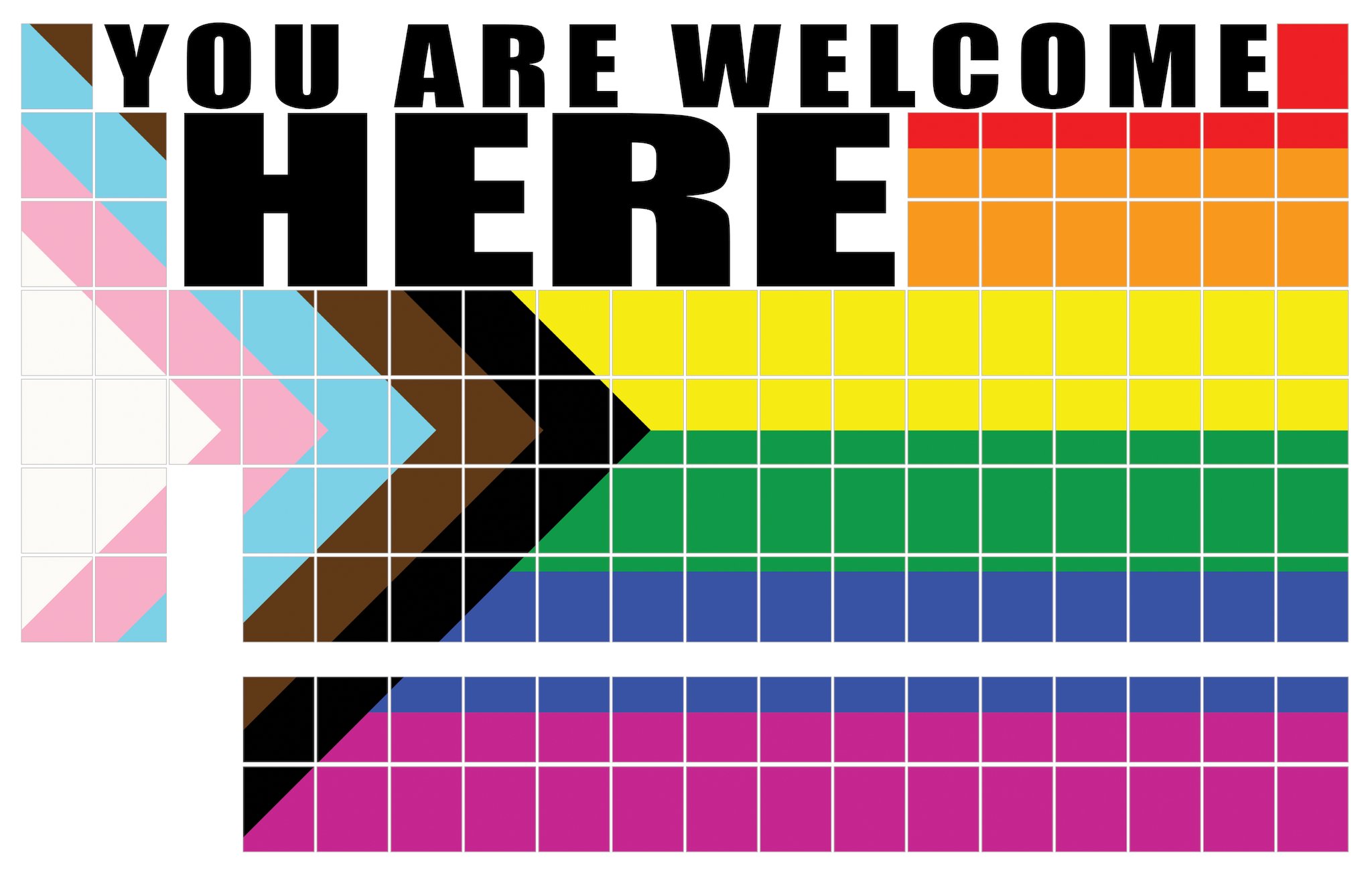 Periodic table with rainbow, trans (white, pink, blue), and black and brown colours, with the title: "You are welcome here"