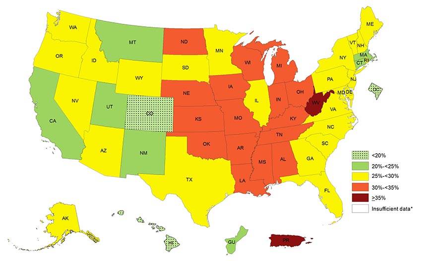 US state map of obesity prevalence
