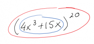 A visual of inside and outside, with 4x^3+15x circled to show what happens first, or the inside, then all circled, together with the power of 20 on the bracket, to show what is next, or the outside.