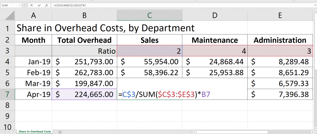 Screenshot of an Excel worksheet demonstrating use of formulas