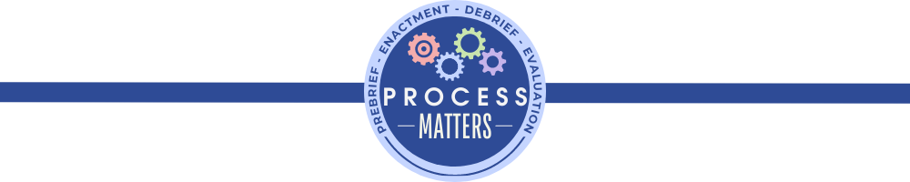 4 interconnected gears inside of a circle, reads: Process Matters; around the edges, it reads Prebrief, Enactment, Debrief, Evaluation
