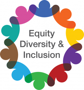 Multi-coloured logo with text: Equity Diversity and Inclusion