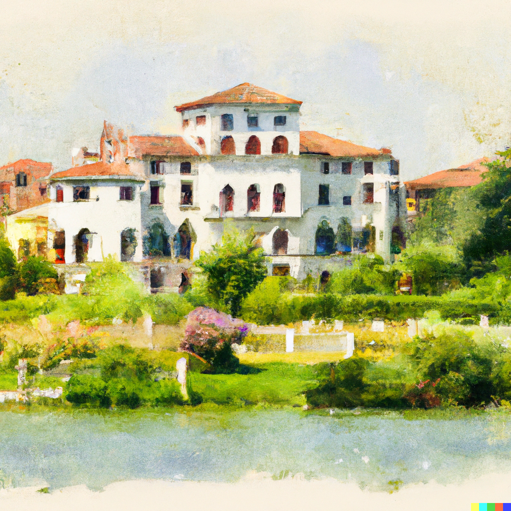 A watercolor painting of “A magnificent Italian Villa near Venice” by DALL-E