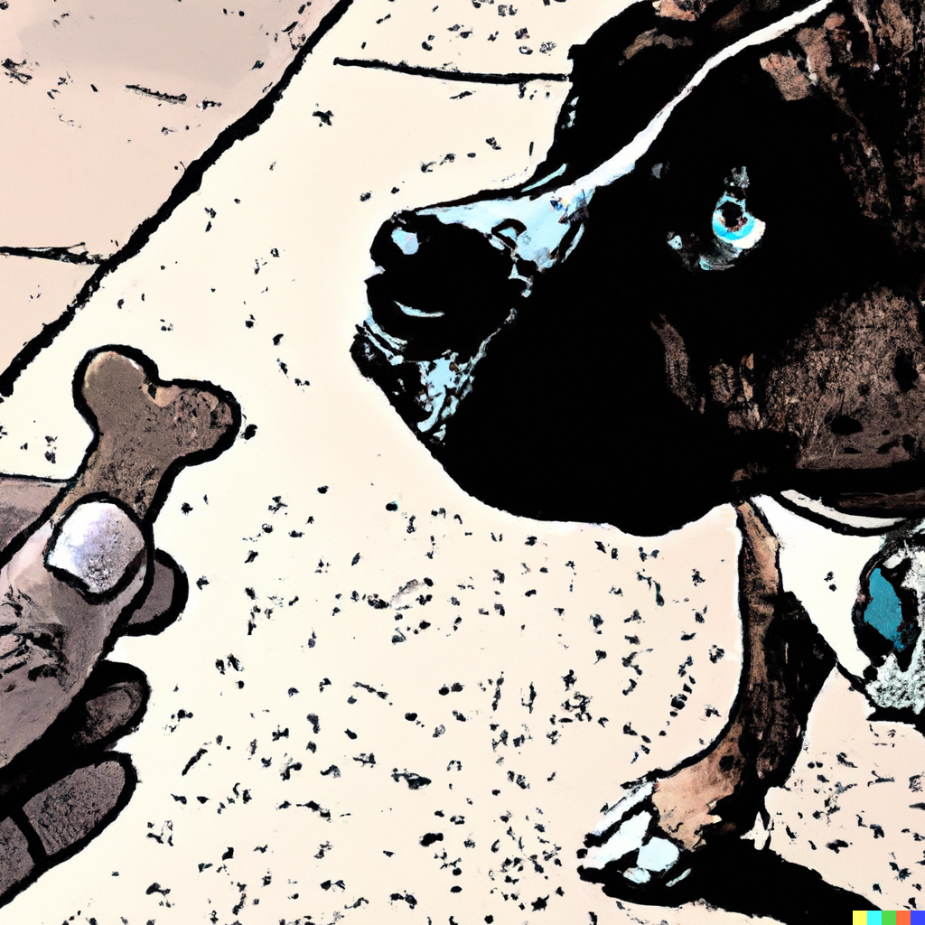 A comic book drawing of a dog begging for a dog biscuit