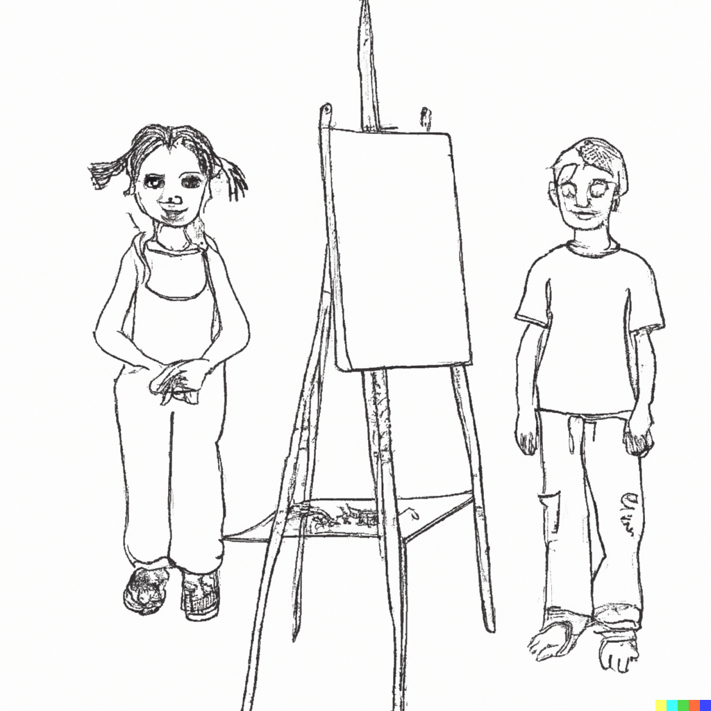 A line drawing of a girl with pigtails standing beside an easel with a boy