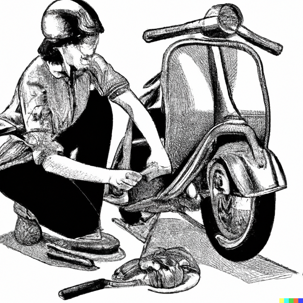 An etching of a woman, Amelia, adjusting her Vespa motorscooter.