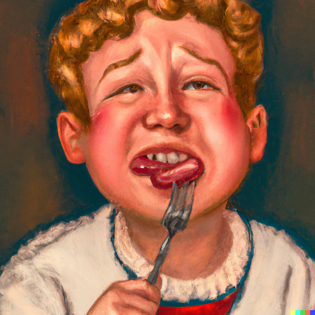 A painting of a boy eating sausage