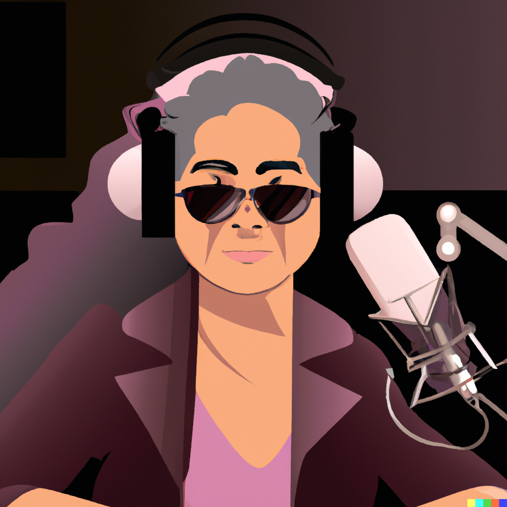 A professional illustration of a middle aged woman withe sunglasses sitting by a microphone, wearing headphones, in a recording studio