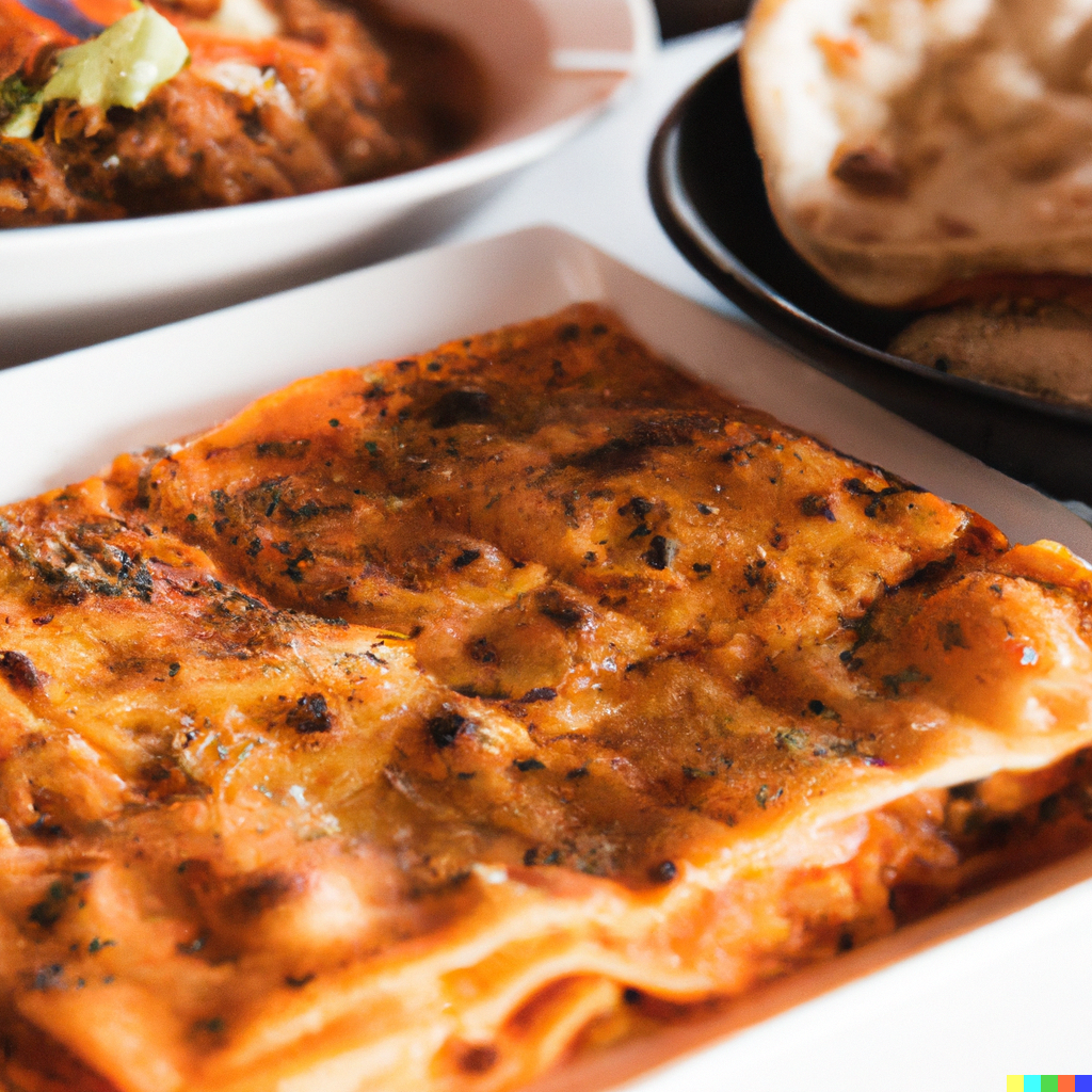 A platter of lasagna with some naan bread and dhal in the background