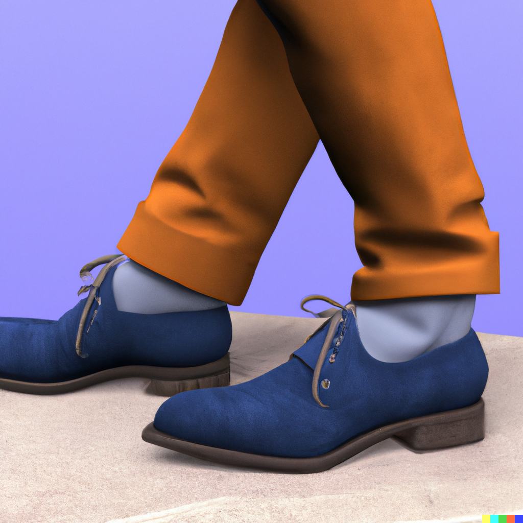 A 3D illustration of a pair of blue suede shoes on someone wearing orange pants with cuffs