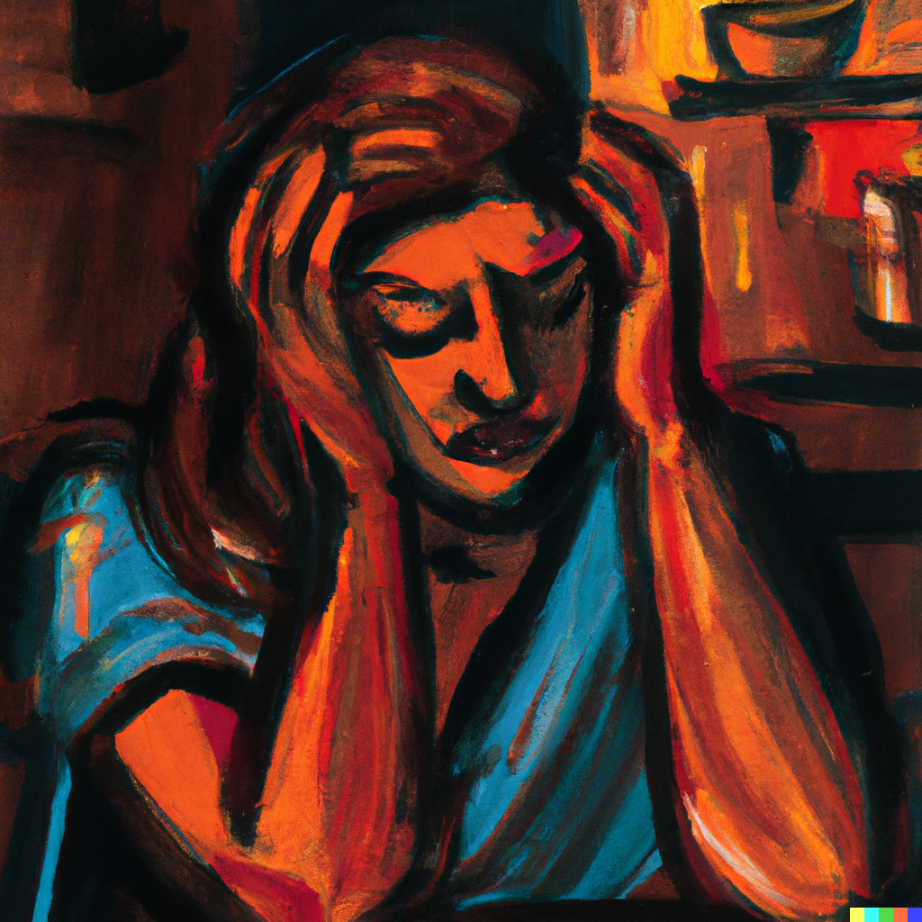 dark, expressionist painting of a person at a bar holding their head in their hands like they have a headache