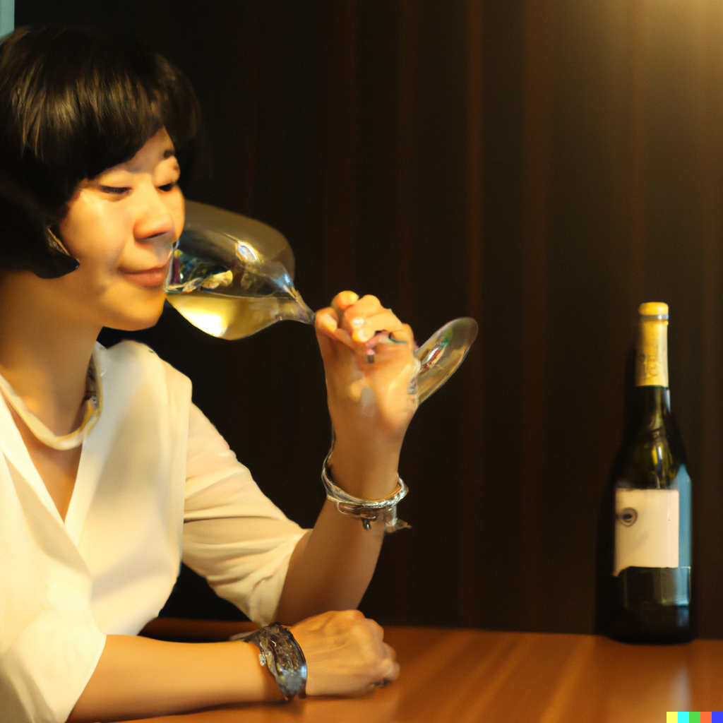 A woman tasting white wine at a table with a bottle of wine beside her.