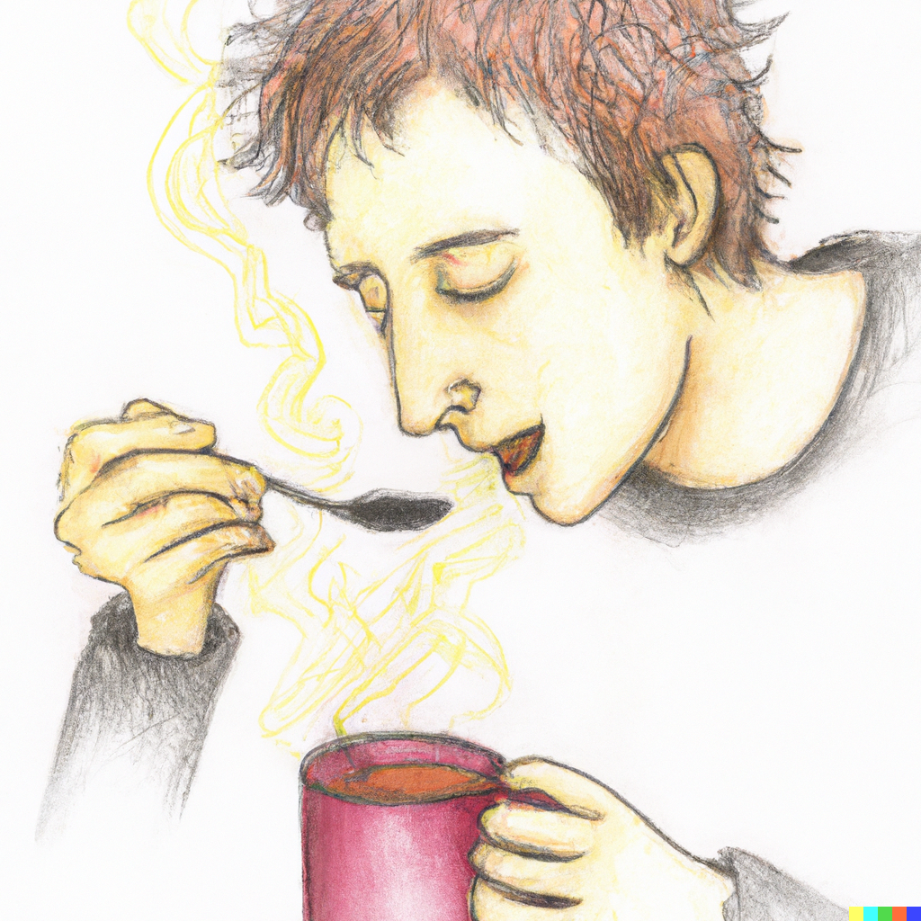 a pencil and watercolor illustration of a young man sipping very hot roiboos tea with lots of steam