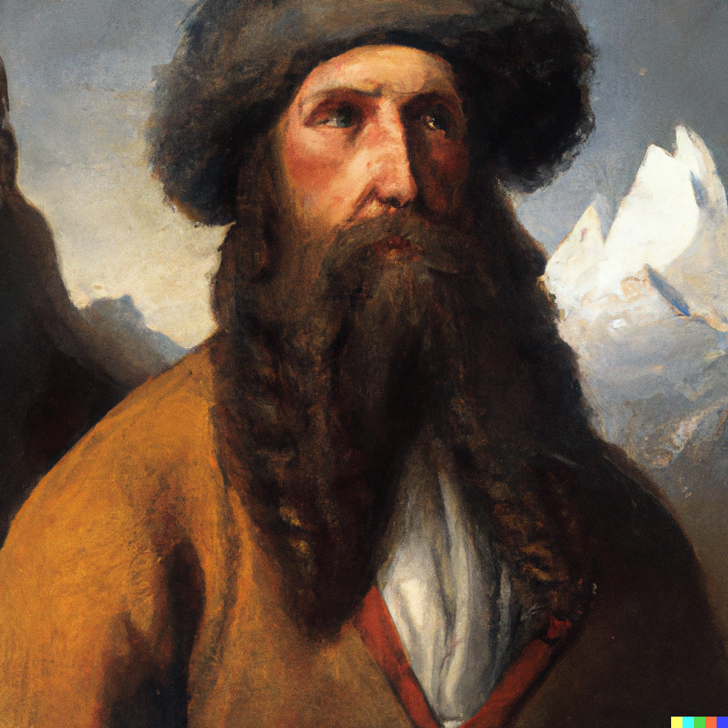 A painting of a mountaineer with a beard with a white mountain peak in the background