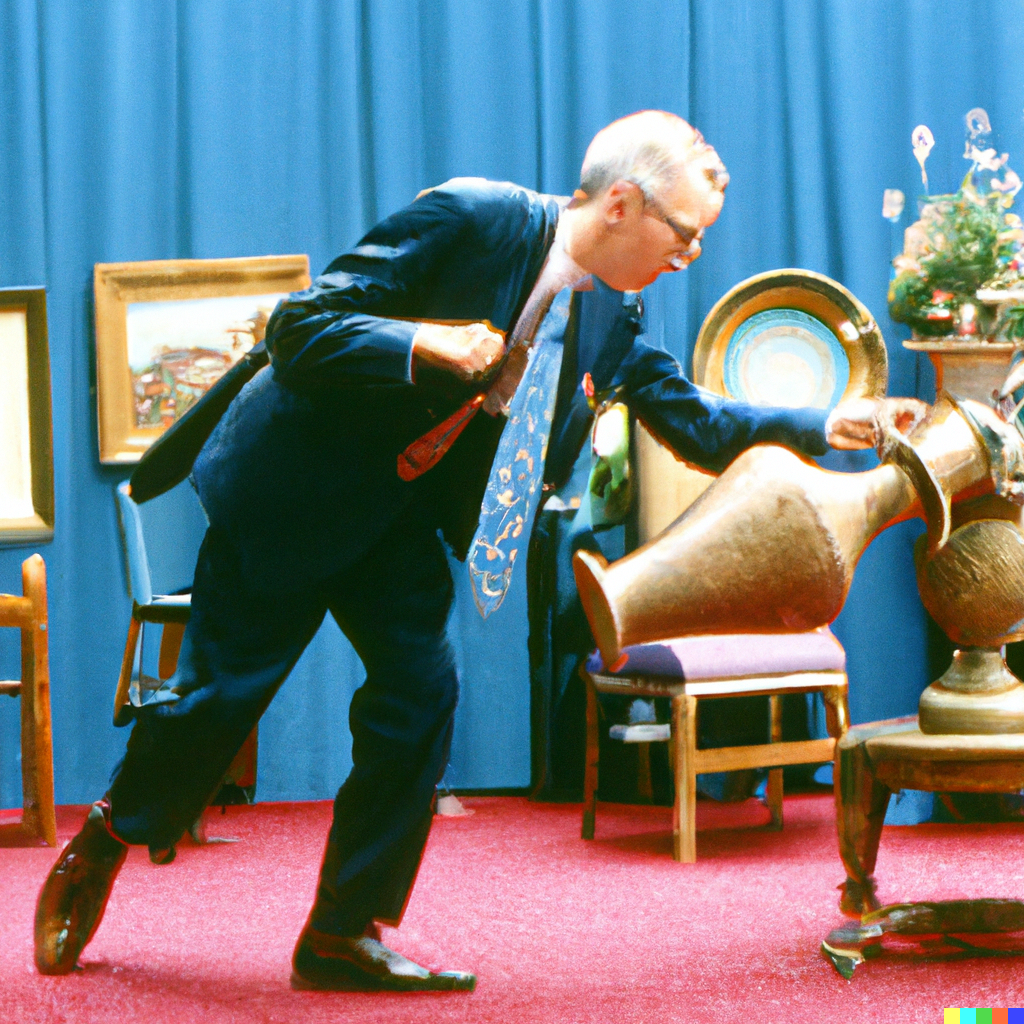 A photo of an antiques appraiser dropping a vase on Antiques Roadshow.