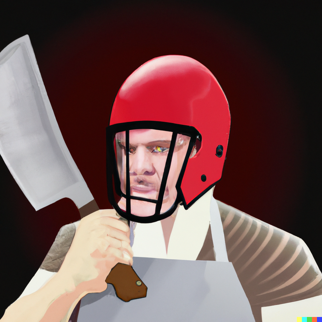 A butcher holding a cleaver and wearing a football helmet