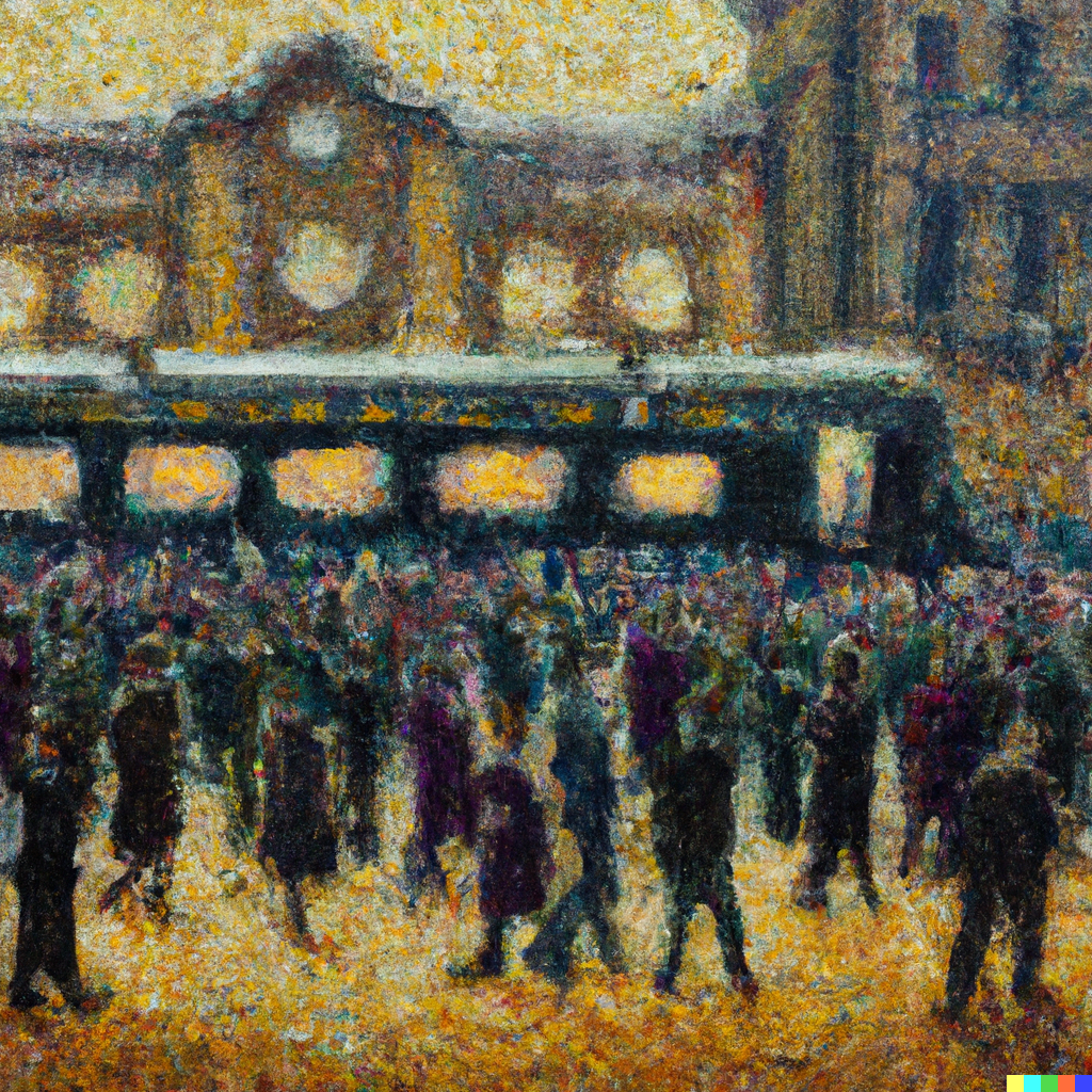Pointillist Oil painting “The train disgorged its passengers at the Gare du Nord” in the style of Georges Seurat